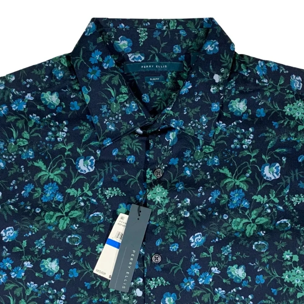 2/$15 NWT Perry Ellis Men's Blue Floral Long Sleeve Slim Fit Shirt 2XLT